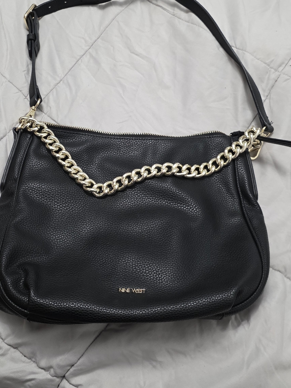 Nine West Black Pebbled Shoulder Bag with Gold Chain Accent